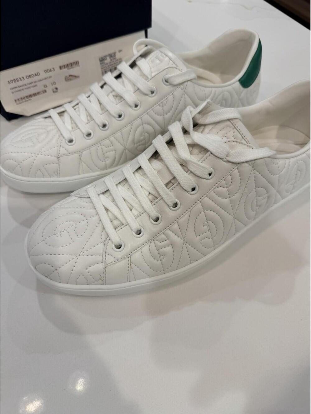 Gucci White Green Quilted Leather Low Top Sneakers Mens Sz G10 US Sz 10.5 11